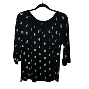 GARNET HILL / black white paisley feather printed 3/4 sleeve blouse top / M